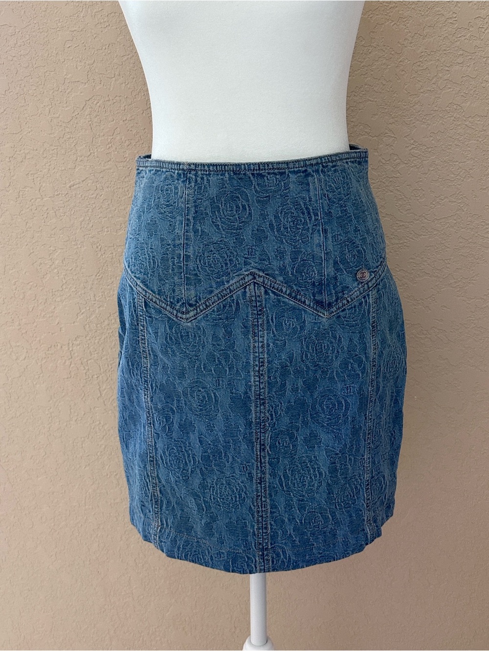 CHANEL Blue Floral-Embossed Denim Midi Skirt